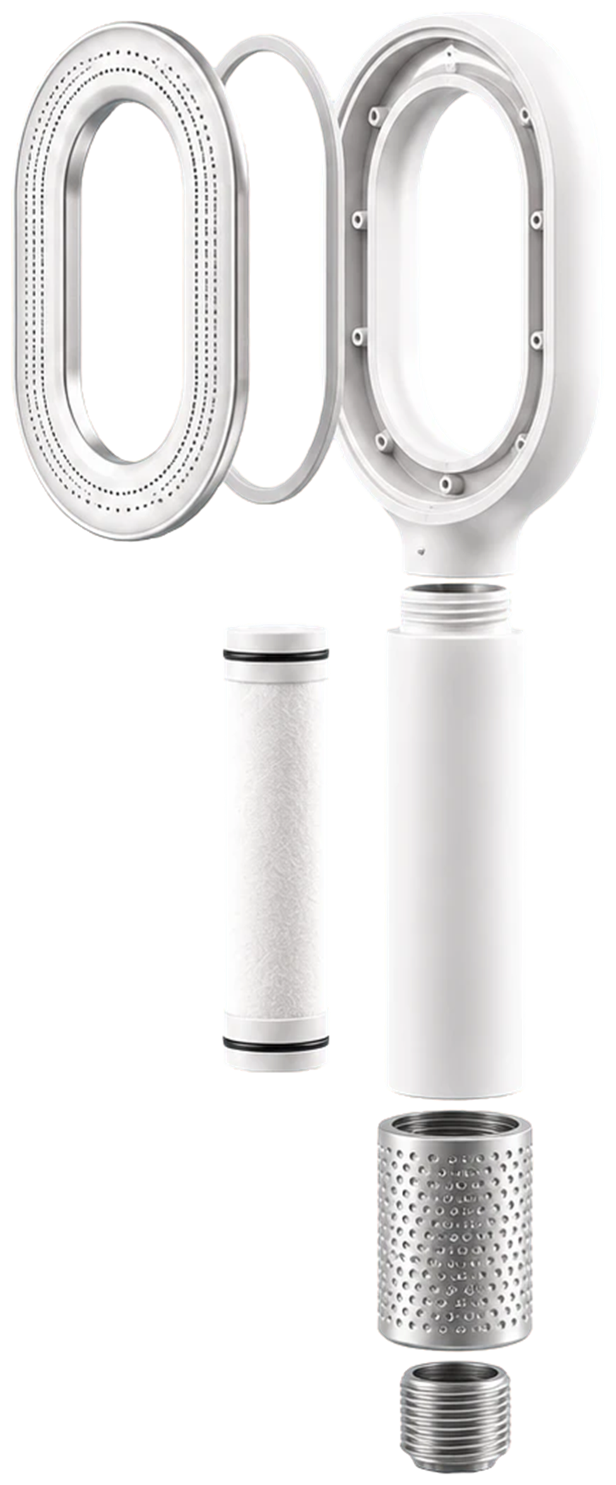 Vue éclatée conceptuelle du pommeau de douche filtrant Éclipse